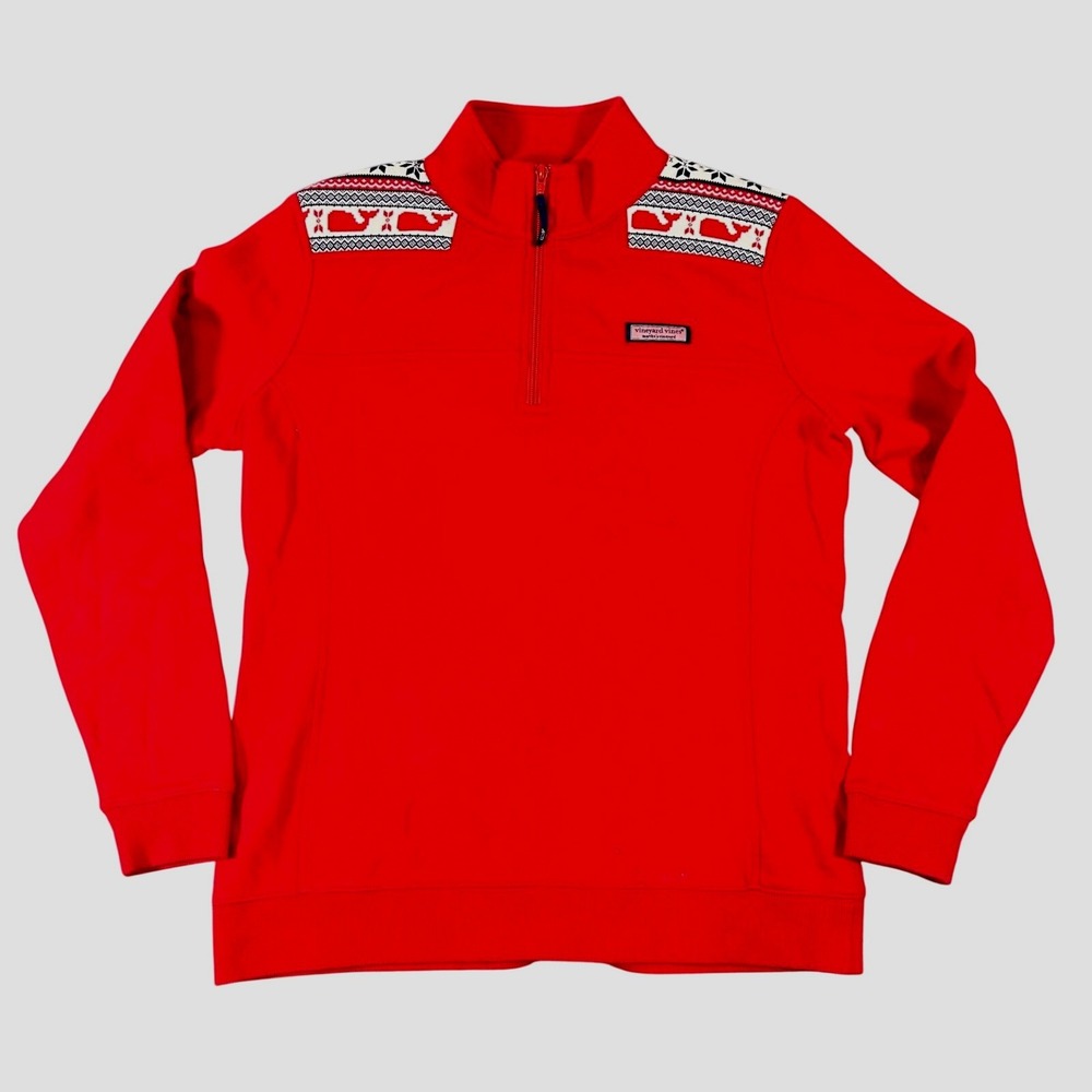 Vineyard Vines Mens Red Fair Isle Whale Quarter Zip Pullover‎ Sweatshirt M Read